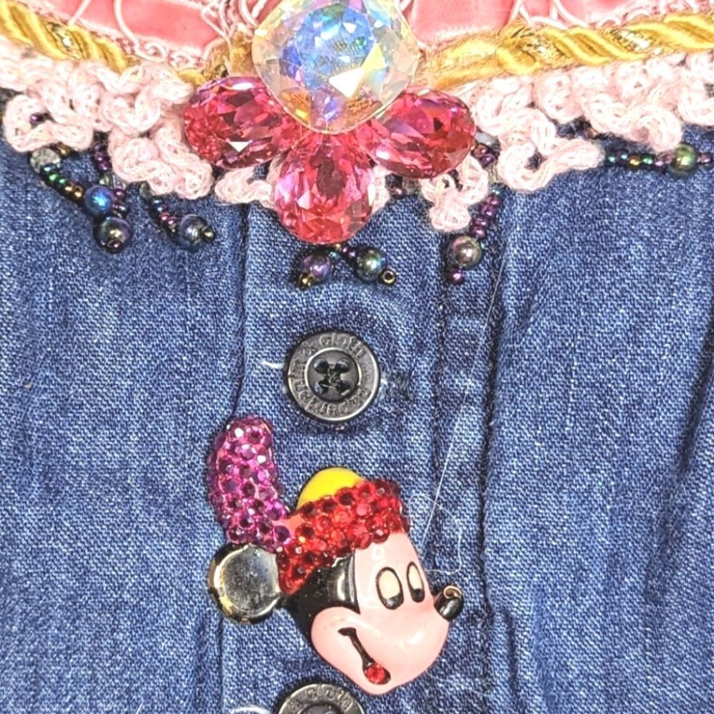 Wendy Gell Party Dress Little Girl. Minnie Mouse brooch. Swarovski jewels Denim.
